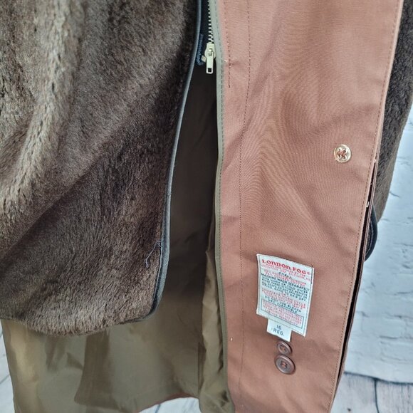 London Fog Brown Belted Faux Fur Removable Liner Buttoned Maincoat Over Coat 16R - Picture 13 of 16
